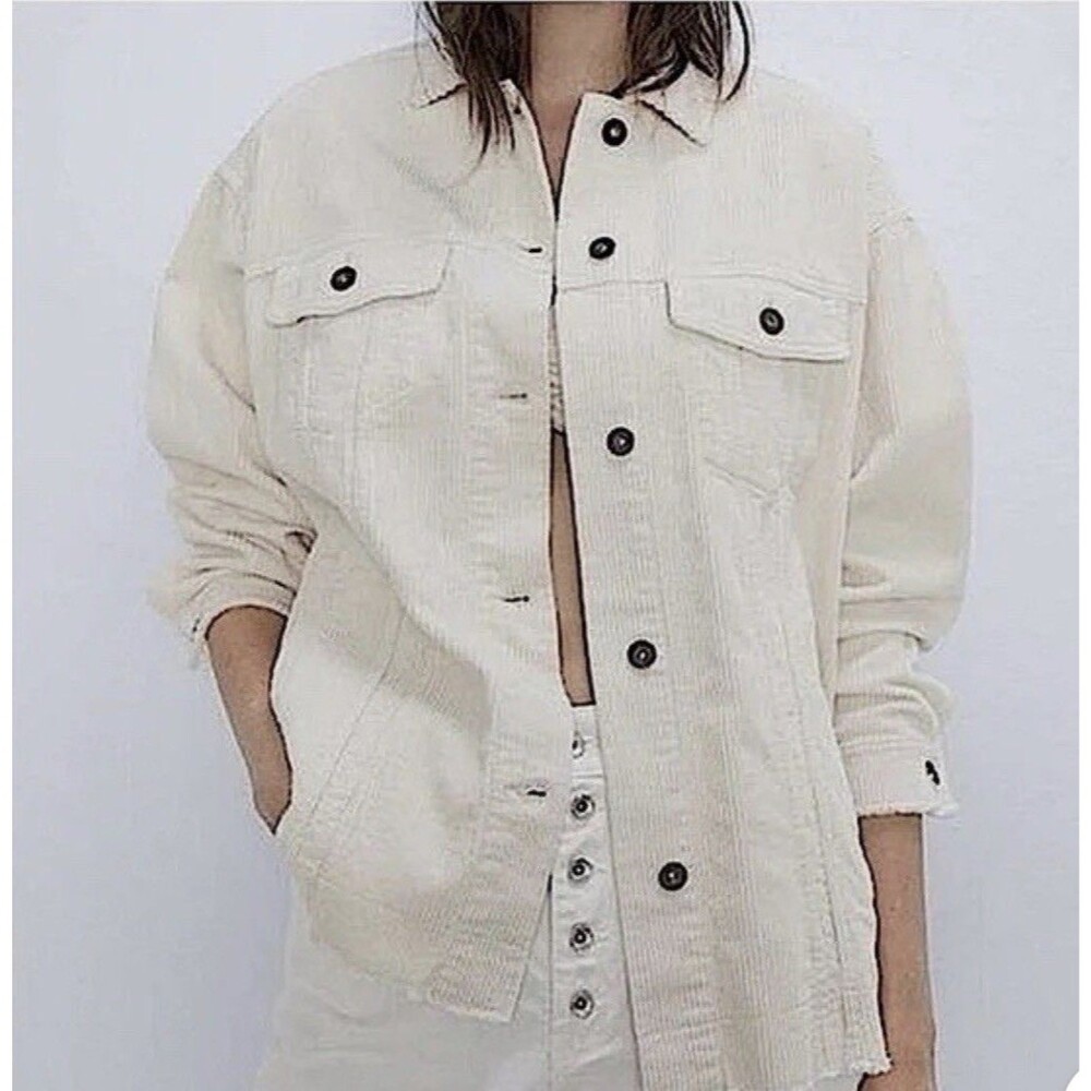 Zara Womens L Jacket Shacket Shirt Corduroy Ivory Raw Hem